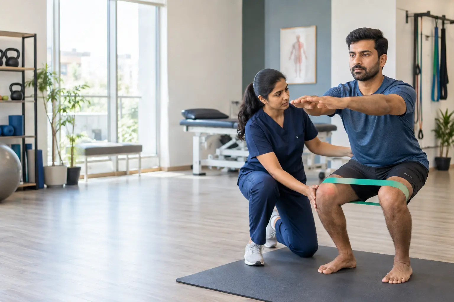 Physiotherapist guiding a patient through active rehabilitation in a modern Bengaluru clinic